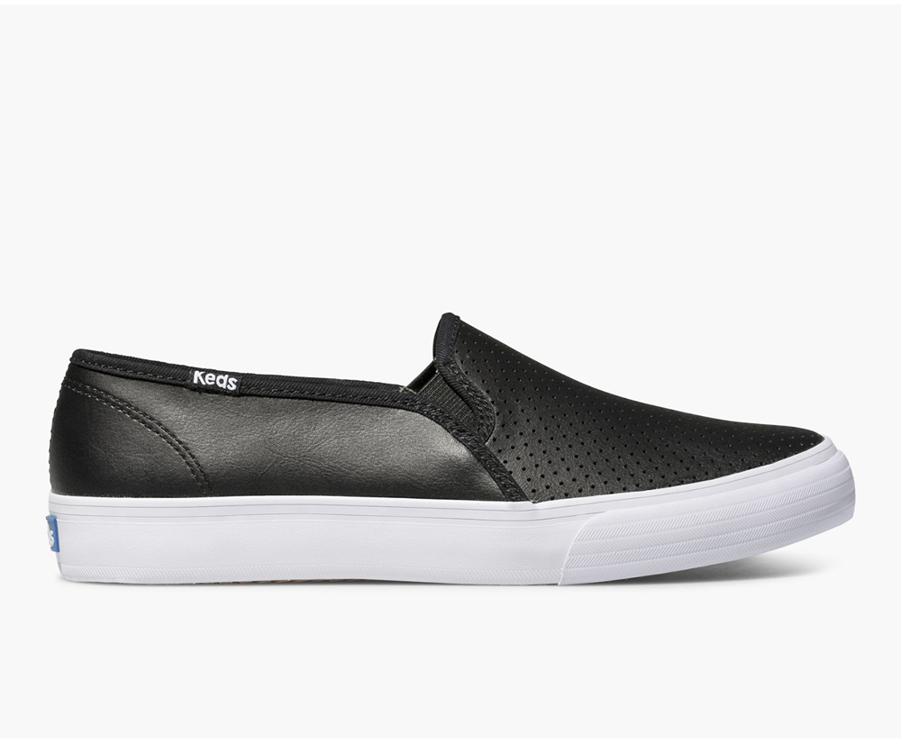 Slip Ons Keds Femme Noir - Double Decker Perf Cuir - 149-KZLYHX